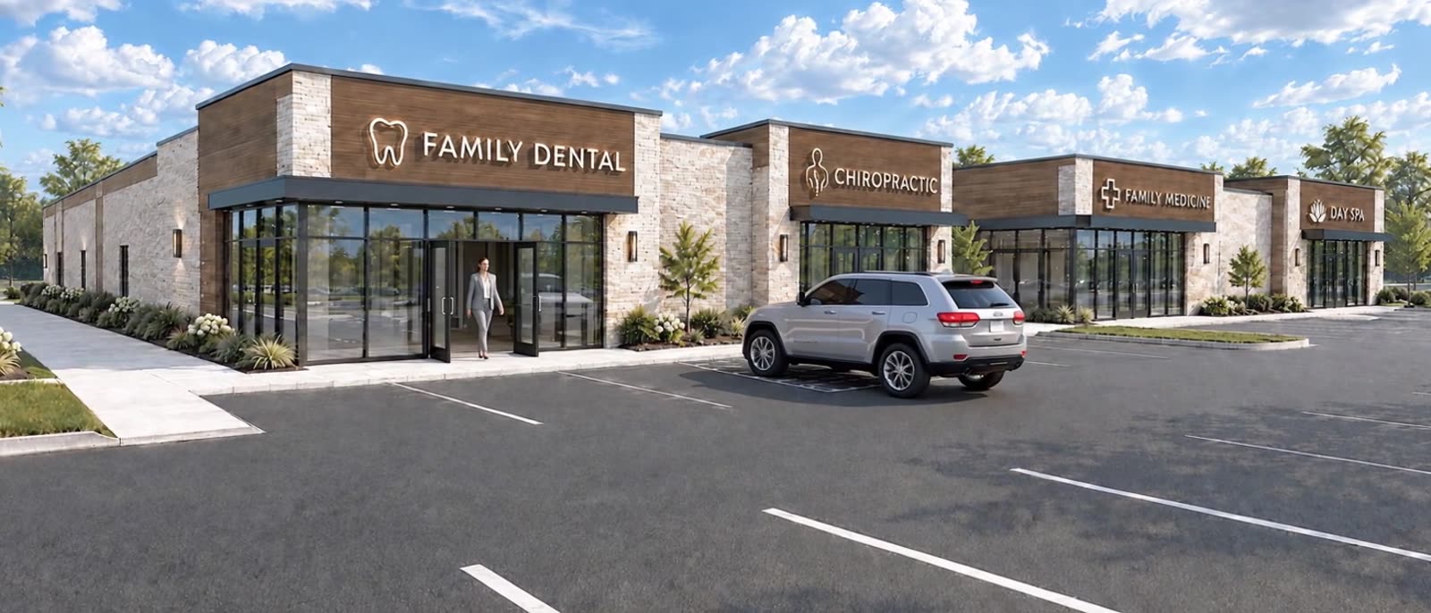 Rendering of the building's dental suite entrance with a patient walking out and an SUV parking