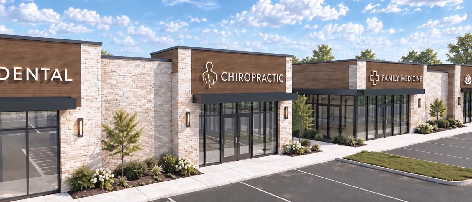 Close rendering of the stone and glass facade