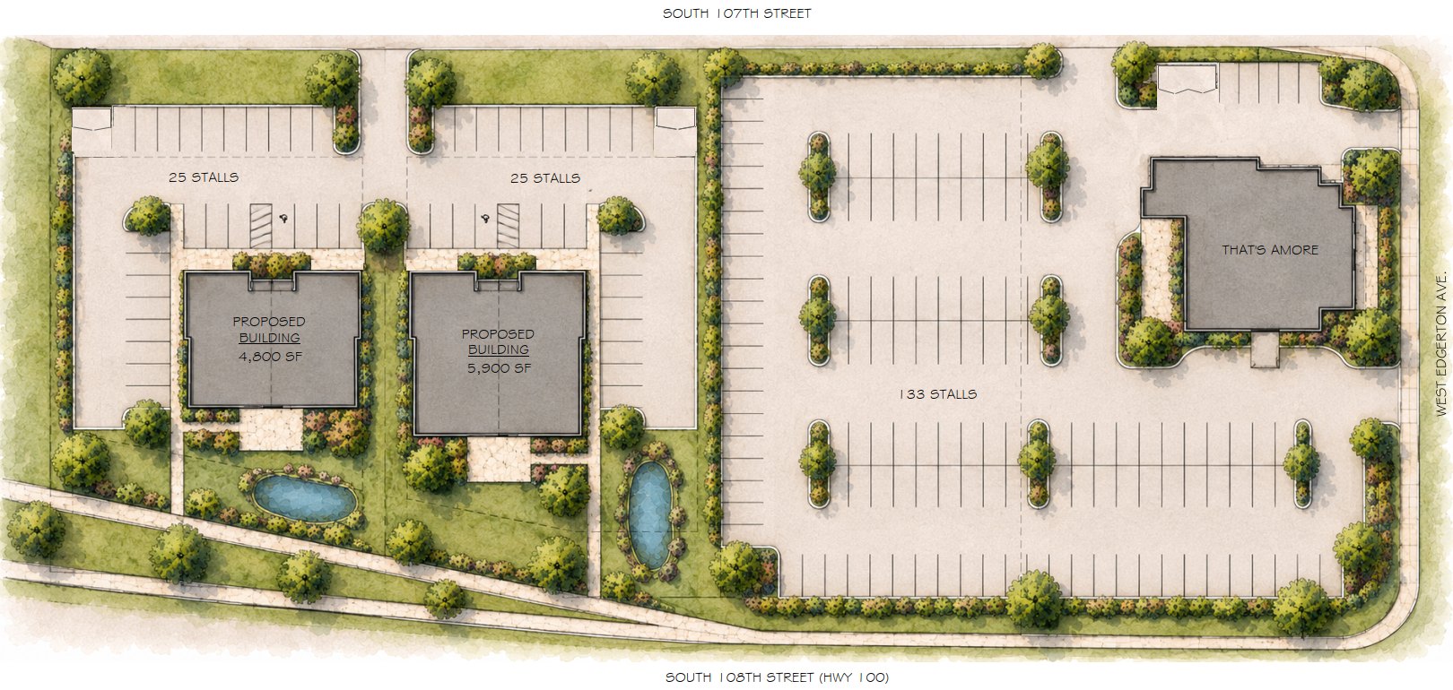 Conceptual site plan: two proposed buildings of 4,800 and 5,900 square feet on the west, a 133-stall parking field in the middle and That's Amore restaurant at the corner of W Edgerton Ave, with South 108th Street (Hwy 100) along the bottom edge