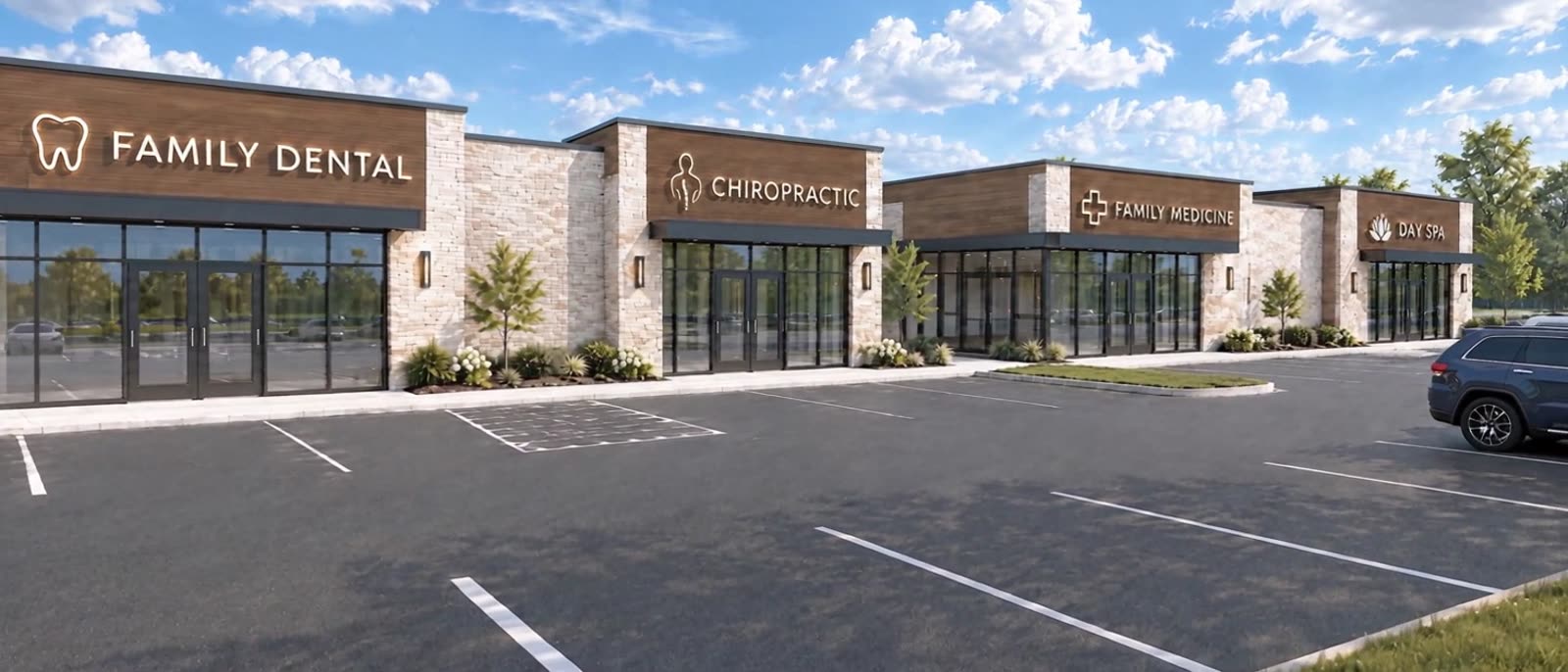 Rendering of the storefronts with Family Dental, Chiropractic, Family Medicine and Day Spa signs